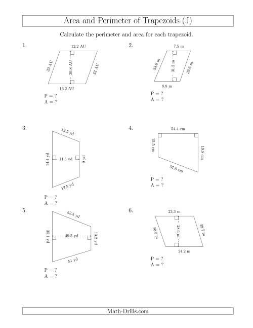The Calculating the Perimeter and Area of Trapezoids (Even Larger Numbers) (J) Math Worksheet