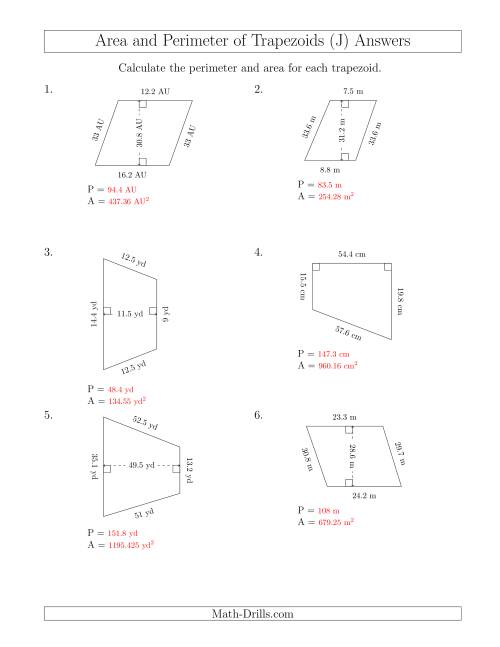 The Calculating the Perimeter and Area of Trapezoids (Even Larger Numbers) (J) Math Worksheet Page 2