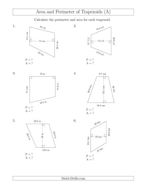 The Calculating the Perimeter and Area of Trapezoids (Even Larger Numbers) (All) Math Worksheet