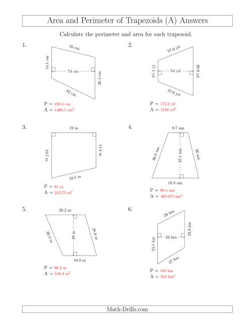 The Calculating the Perimeter and Area of Trapezoids (Even Larger Numbers) (All) Math Worksheet Page 2