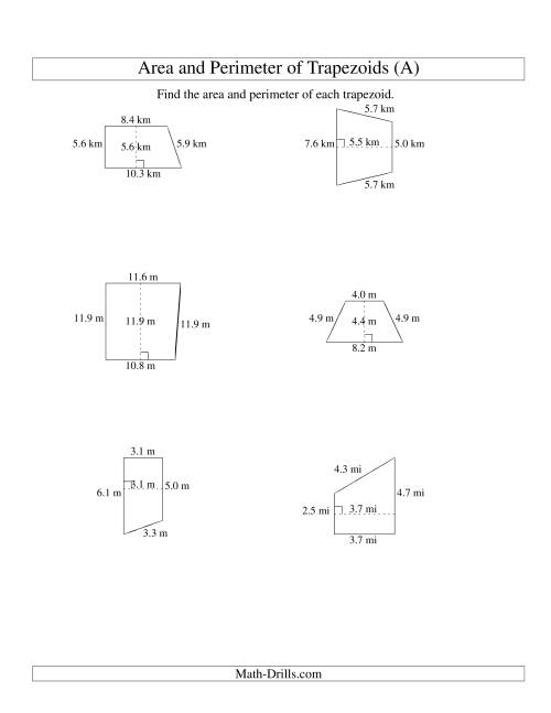 The Area and Perimeter of Trapezoids (up to 1 decimal place; range 5-20) (Old) Math Worksheet