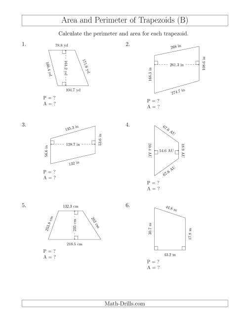 The Calculating the Perimeter and Area of Trapezoids (Larger Still Numbers) (B) Math Worksheet