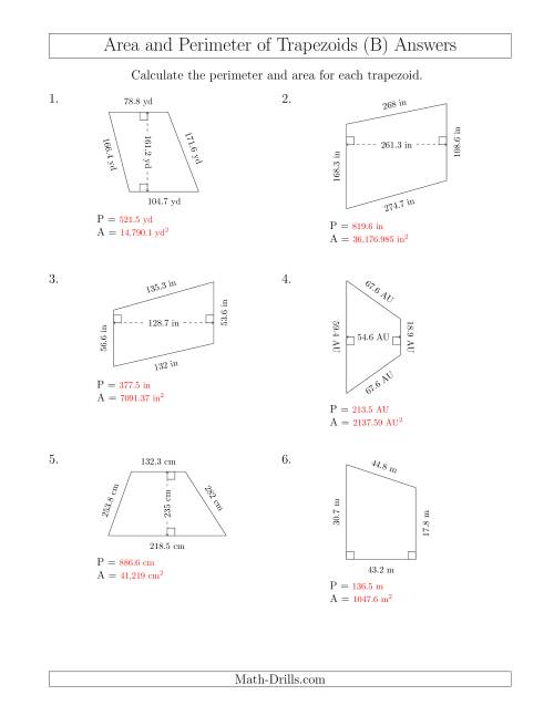 The Calculating the Perimeter and Area of Trapezoids (Larger Still Numbers) (B) Math Worksheet Page 2