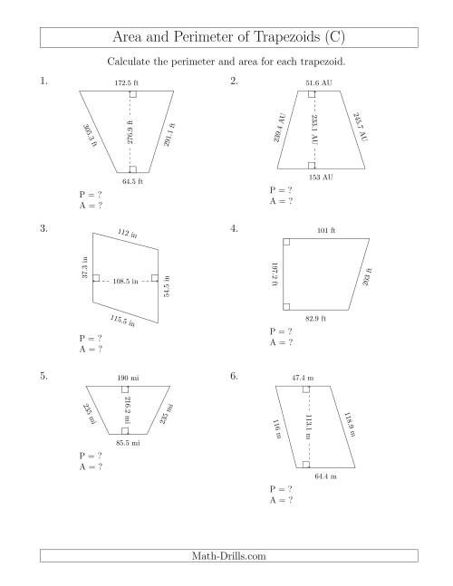 The Calculating the Perimeter and Area of Trapezoids (Larger Still Numbers) (C) Math Worksheet