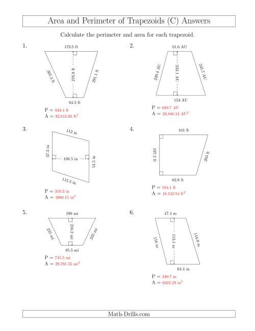 The Calculating the Perimeter and Area of Trapezoids (Larger Still Numbers) (C) Math Worksheet Page 2