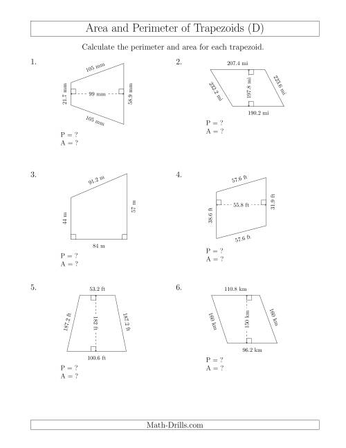 The Calculating the Perimeter and Area of Trapezoids (Larger Still Numbers) (D) Math Worksheet