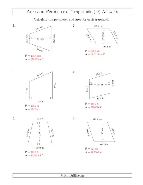 The Calculating the Perimeter and Area of Trapezoids (Larger Still Numbers) (D) Math Worksheet Page 2