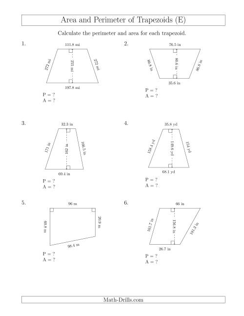 The Calculating the Perimeter and Area of Trapezoids (Larger Still Numbers) (E) Math Worksheet