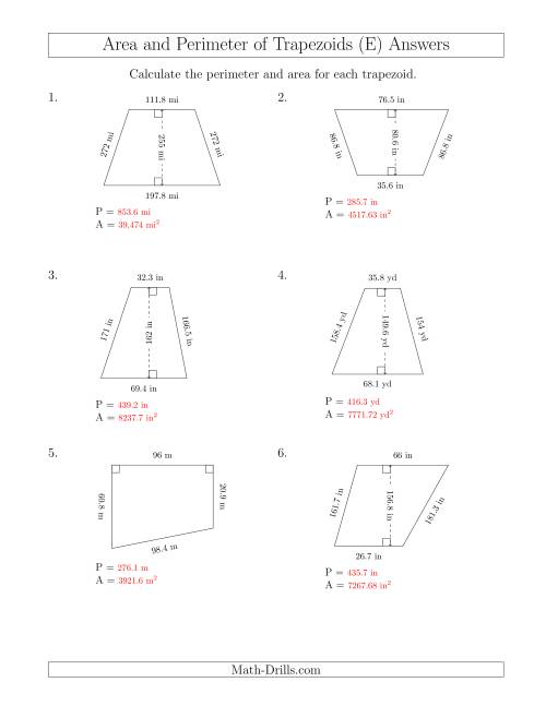 The Calculating the Perimeter and Area of Trapezoids (Larger Still Numbers) (E) Math Worksheet Page 2