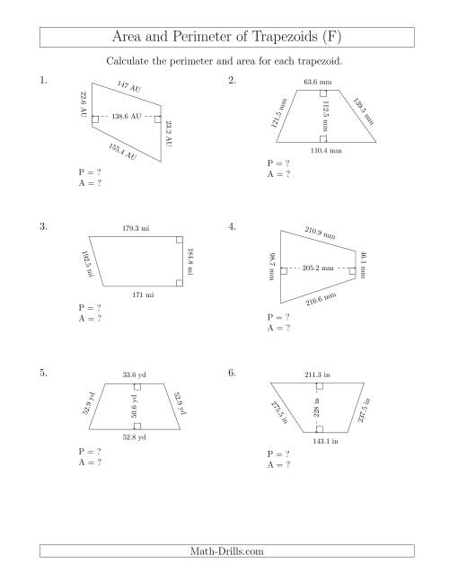The Calculating the Perimeter and Area of Trapezoids (Larger Still Numbers) (F) Math Worksheet