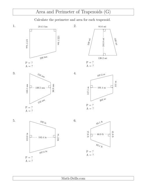 The Calculating the Perimeter and Area of Trapezoids (Larger Still Numbers) (G) Math Worksheet