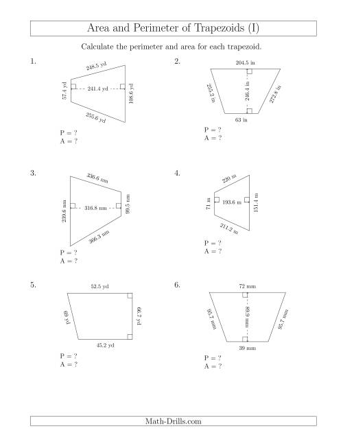 The Calculating the Perimeter and Area of Trapezoids (Larger Still Numbers) (I) Math Worksheet