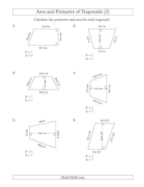 The Calculating the Perimeter and Area of Trapezoids (Larger Still Numbers) (J) Math Worksheet