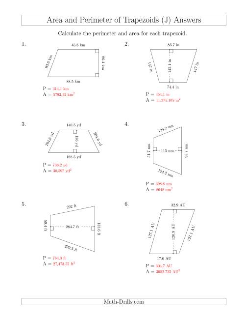 The Calculating the Perimeter and Area of Trapezoids (Larger Still Numbers) (J) Math Worksheet Page 2