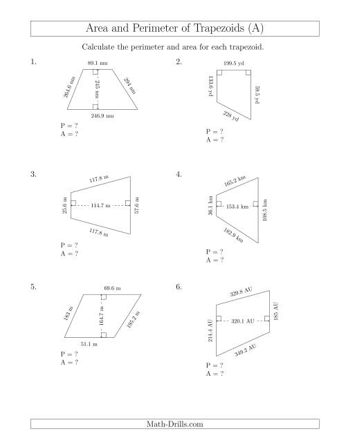 The Calculating the Perimeter and Area of Trapezoids (Larger Still Numbers) (All) Math Worksheet