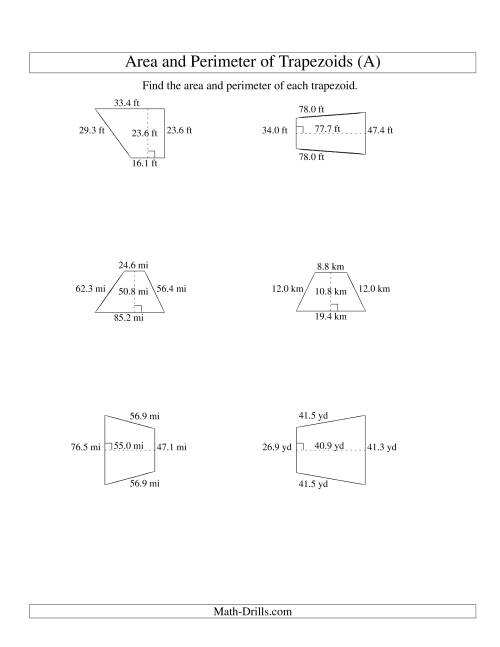 The Area and Perimeter of Trapezoids (up to 1 decimal place; range 10-99) (Old) Math Worksheet