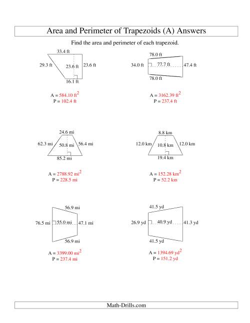 The Area and Perimeter of Trapezoids (up to 1 decimal place; range 10-99) (Old) Math Worksheet Page 2