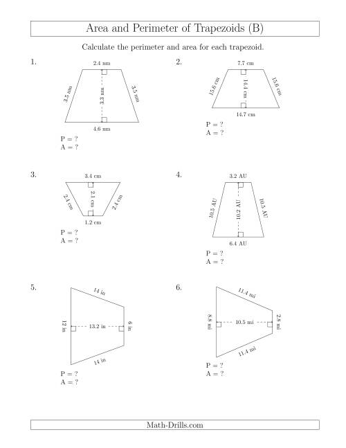 The Calculating the Perimeter and Area of Isosceles Trapezoids (B) Math Worksheet