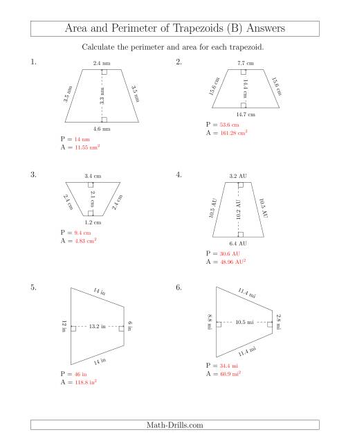 The Calculating the Perimeter and Area of Isosceles Trapezoids (B) Math Worksheet Page 2