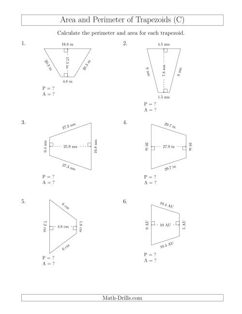 The Calculating the Perimeter and Area of Isosceles Trapezoids (C) Math Worksheet