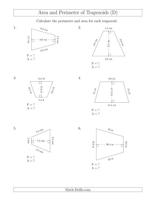 The Calculating the Perimeter and Area of Isosceles Trapezoids (D) Math Worksheet