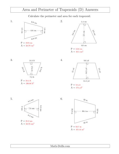 The Calculating the Perimeter and Area of Isosceles Trapezoids (D) Math Worksheet Page 2