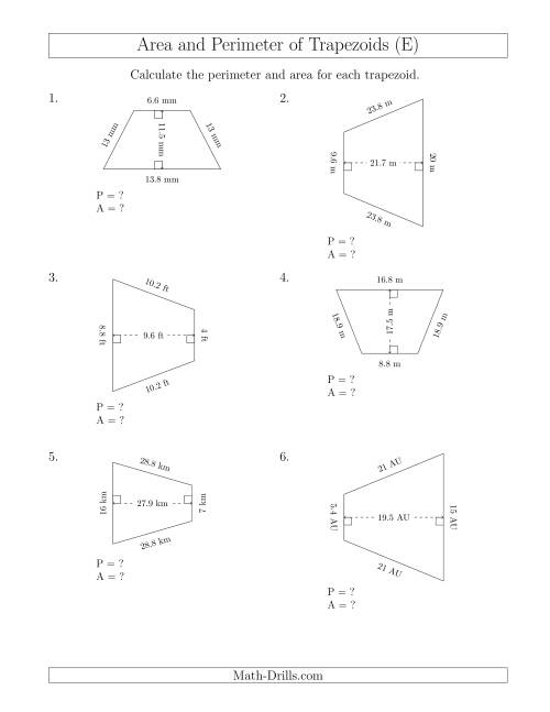 The Calculating the Perimeter and Area of Isosceles Trapezoids (E) Math Worksheet