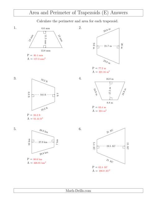 The Calculating the Perimeter and Area of Isosceles Trapezoids (E) Math Worksheet Page 2