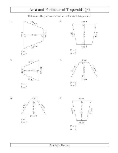 The Calculating the Perimeter and Area of Isosceles Trapezoids (F) Math Worksheet