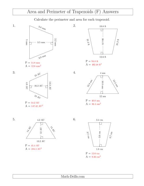 The Calculating the Perimeter and Area of Isosceles Trapezoids (F) Math Worksheet Page 2