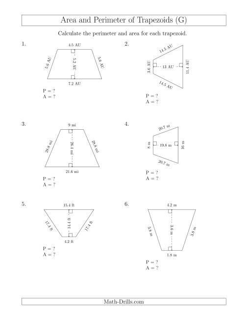 The Calculating the Perimeter and Area of Isosceles Trapezoids (G) Math Worksheet