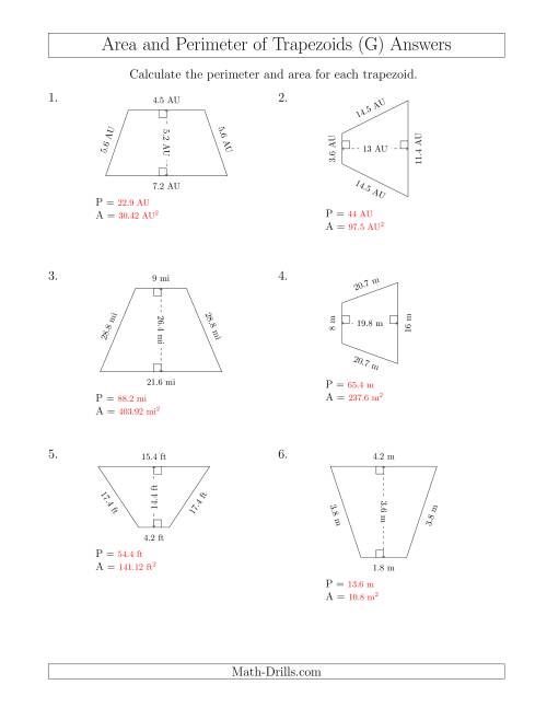 The Calculating the Perimeter and Area of Isosceles Trapezoids (G) Math Worksheet Page 2