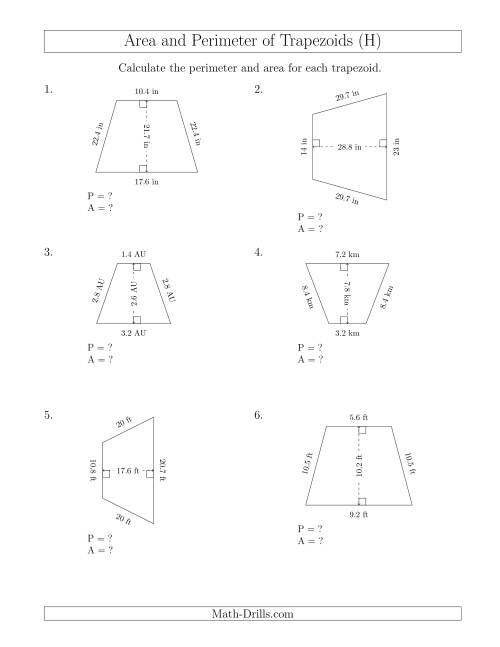 The Calculating the Perimeter and Area of Isosceles Trapezoids (H) Math Worksheet