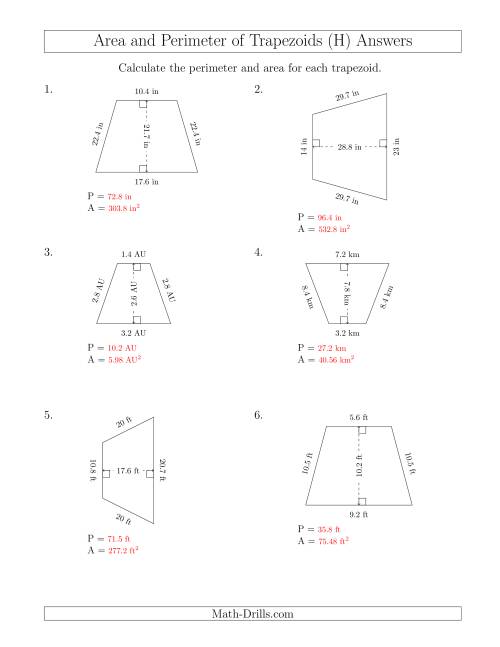 The Calculating the Perimeter and Area of Isosceles Trapezoids (H) Math Worksheet Page 2