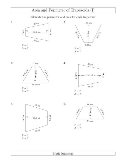 The Calculating the Perimeter and Area of Isosceles Trapezoids (I) Math Worksheet