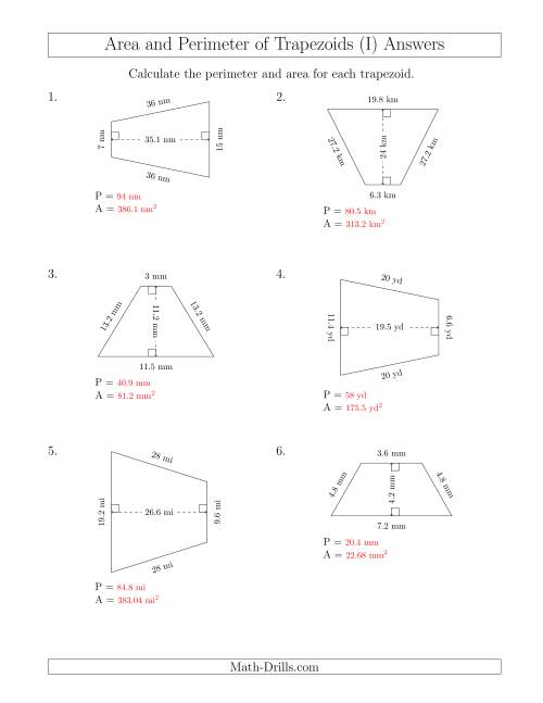 The Calculating the Perimeter and Area of Isosceles Trapezoids (I) Math Worksheet Page 2