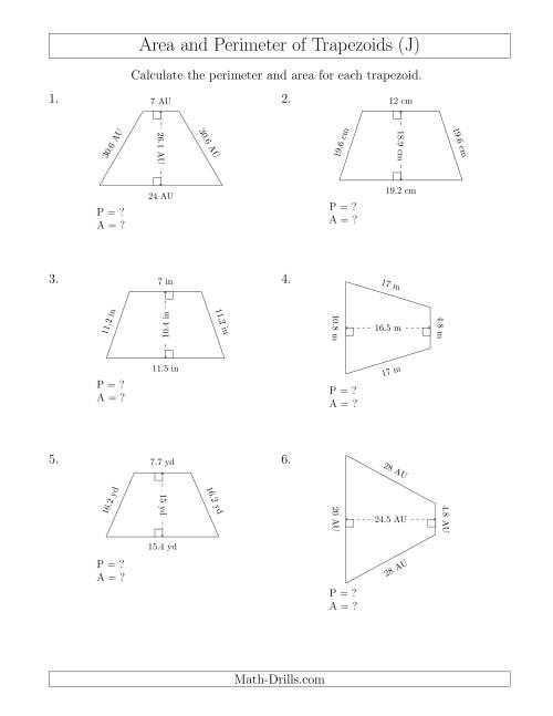 The Calculating the Perimeter and Area of Isosceles Trapezoids (J) Math Worksheet
