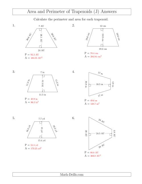 The Calculating the Perimeter and Area of Isosceles Trapezoids (J) Math Worksheet Page 2