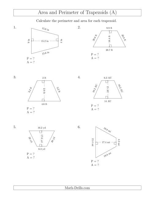 The Calculating the Perimeter and Area of Isosceles Trapezoids (All) Math Worksheet