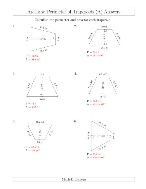 The Calculating the Perimeter and Area of Isosceles Trapezoids (All) Math Worksheet Page 2