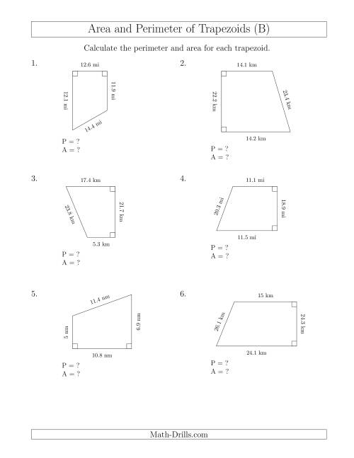The Calculating the Perimeter and Area of Right Trapezoids (B) Math Worksheet
