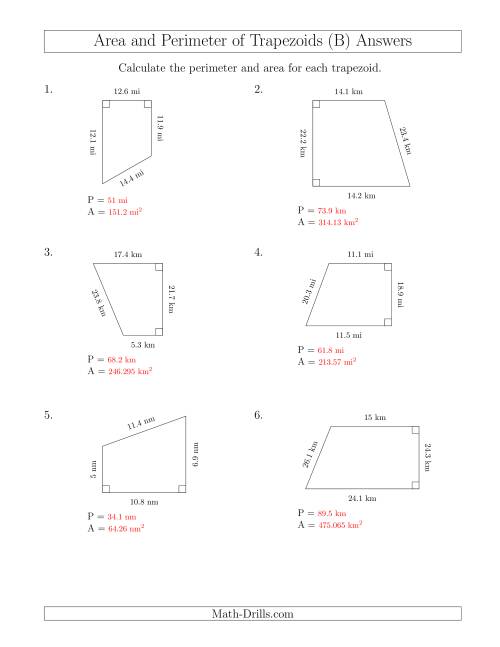 The Calculating the Perimeter and Area of Right Trapezoids (B) Math Worksheet Page 2