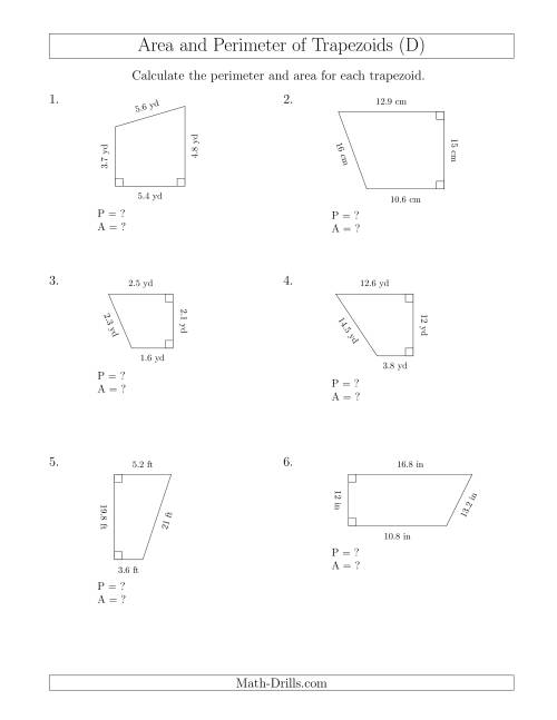 The Calculating the Perimeter and Area of Right Trapezoids (D) Math Worksheet