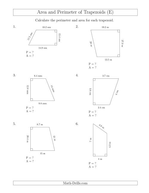 The Calculating the Perimeter and Area of Right Trapezoids (E) Math Worksheet