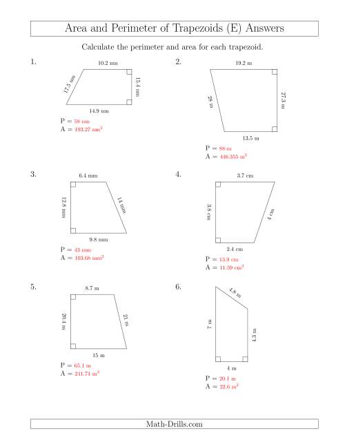 The Calculating the Perimeter and Area of Right Trapezoids (E) Math Worksheet Page 2