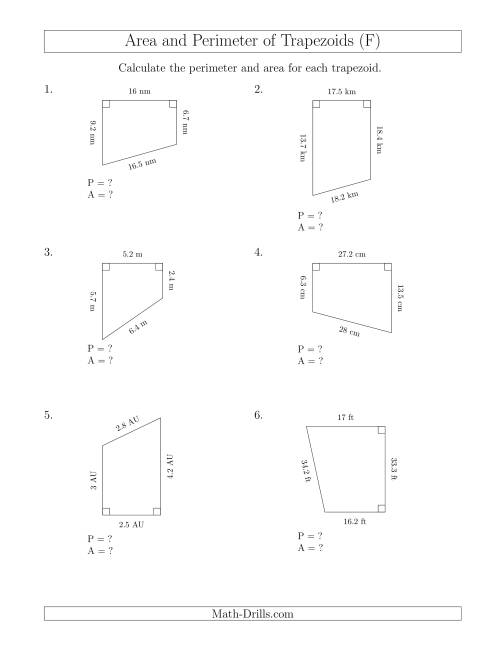 The Calculating the Perimeter and Area of Right Trapezoids (F) Math Worksheet