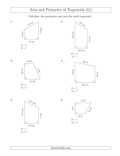 The Calculating the Perimeter and Area of Right Trapezoids (G) Math Worksheet