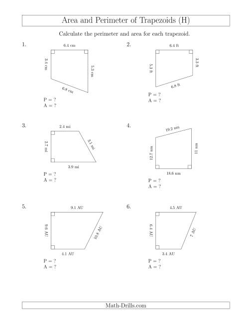 The Calculating the Perimeter and Area of Right Trapezoids (H) Math Worksheet