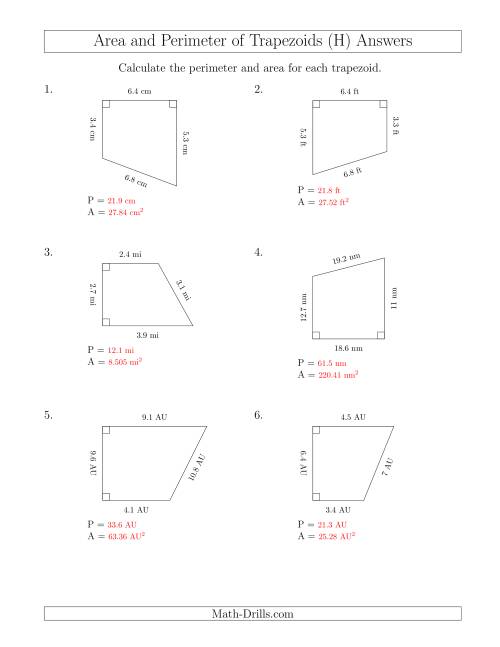 The Calculating the Perimeter and Area of Right Trapezoids (H) Math Worksheet Page 2