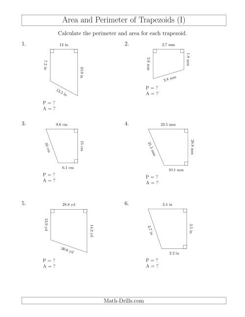 The Calculating the Perimeter and Area of Right Trapezoids (I) Math Worksheet